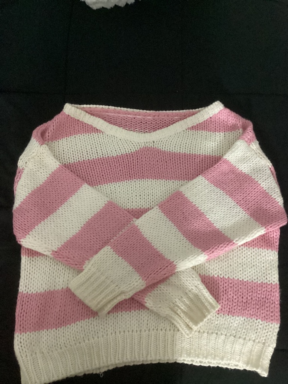 Knitted Off the Shoulder Pink and Cream Sweater
